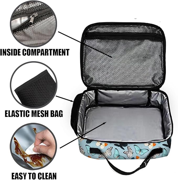 Butterfly Lunch Bag Reusable Insulated Lunch Box Keep Food Cooler Thermal Lunch Tote for Women Men