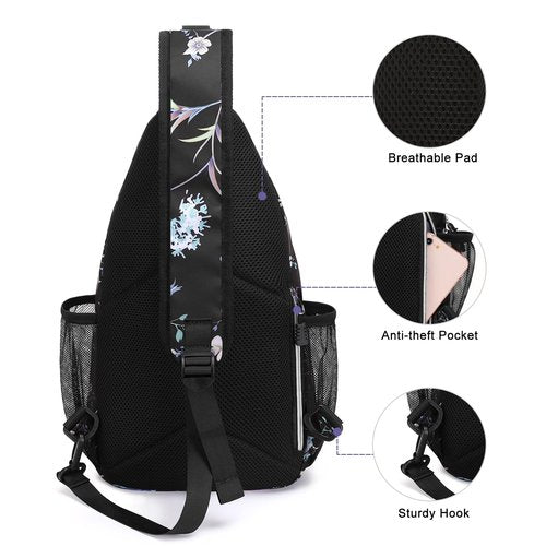 MOSISO Crossbody Sling Backpack, Herbs Flowers Plants Portable Travel Hiking Daypack Chest Sling Bag Casual Daypack One Strap Chest Backpack for Women Men Outdoor Hiking Travel, Black