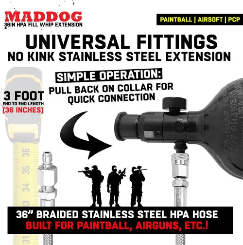 Maddog Paintball Airsoft Fill Whip Hose Extension 4500 Psi PCP - 36 inch Stainless Steel Charging System