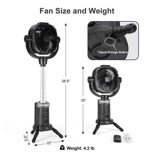 Odoland 20000mAh Camping Fan with Lantern, 360° Oscillation Rechargeable Battery Operated Outdoor Power Fan with Remote, Hook ＆ RGB Light for Camp, Family Travel and Jobsite, Black