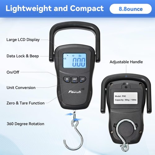Fishfun Rechargeable Fish Scale, Digital Hanging Fish Weight Scale with Large Handle and Tape Measure for Fishing, Hunting, Outdoor, Farm, 110lb/50kg