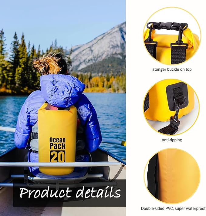Floating Waterproof Dry Bag Backpack 5L/10L/20L, Roll Top Bag for Kayaking, Rafting, Boating, Swimming, Camping, Hiking, Beach, Fishing, Waterproof Beach Bag. (Yellow, 20L)