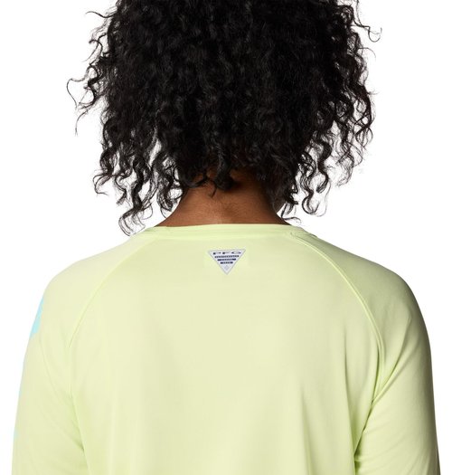 Columbia Womens PFG Tidal Tee II Long Sleeve Sun Protection Shirt, Spring Yellow/Gulf Stream Logo, Medium
