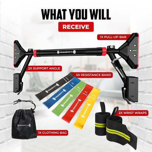 Cravefitt Pull Up Bar for Doorway with Resistance Bands & Wrist Wraps, Adjustable Chin Up Bar for Upper Body Workouts, 29.9" - 35.5" Locking Mechanism, No Screw Installation, Supports 880 lbs