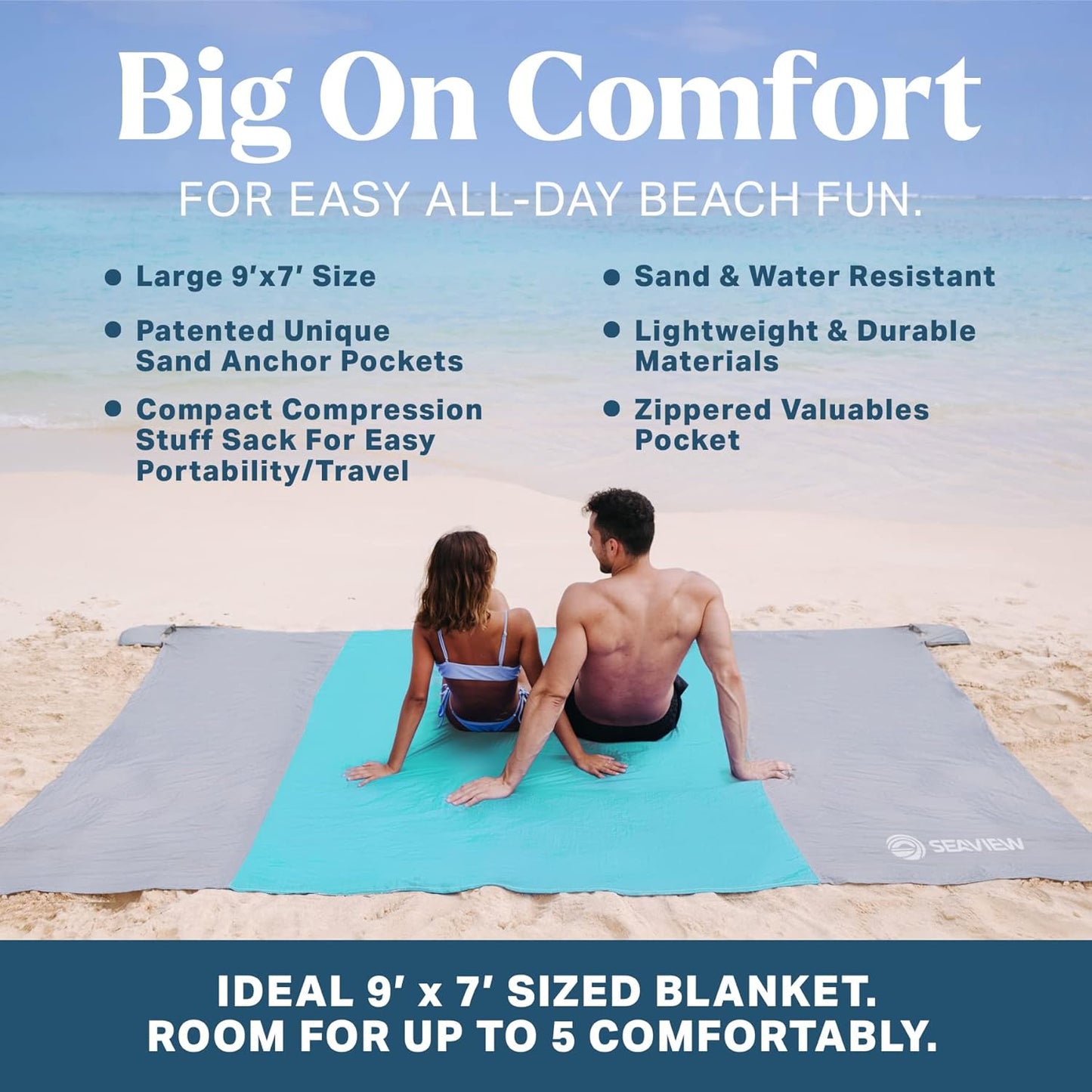 Seaview 180° Beach Blanket Waterproof Sandproof, Extra Large 6"x7" Sand Free Beach Mat for 1-6 Adults, Oversized Outdoor Blanket with 4 Sand Pockets, Portable Lightweight Packable - Picnic Mat