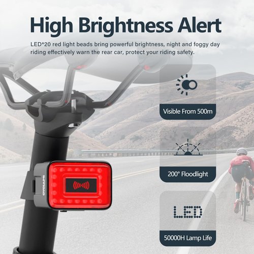 CYCLAMI Bike Tail Light Radar with 500m Smart Brake Warning Detection - IPX6 Waterproof USB Rechargeable Rear Safety Light Radar for Cycling, Auto-Brightness & Visual Alerts for Approaching Vehicles