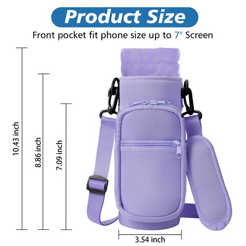 AceTreker 32 oz 40 oz Water Bottle Sling with 2 Pockets, Neoprene Water Bottle Holder with Strap, Sport Bottle Sleeve for Traveling, Walking, Camping-Purple