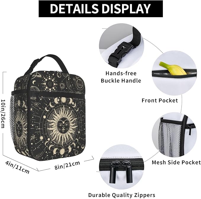 Sun and Moon Mystic Goth Witchy Black Lunch Box Reusable Insulated Totes Lunch Bag Thermal Cooler For Boy Girls School Men Women Beach Travel
