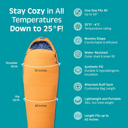 Retrospec Kids Dream 25° Kids Mummy Sleeping Bag for Camping Insulated Cold Weather Sleeping Bag Lightweight Stuff Sack, Water-Resistant Youth Sleeping Bag