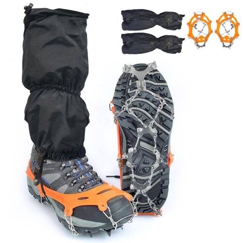Crampons with Leg Gaiters - Ice Cleats with Adjustable Snow Leg Gaiters - Men's and Women's Traction Snow Grips and Gaiters for Hiking, Mountaineering, and Rock Climbing(M)