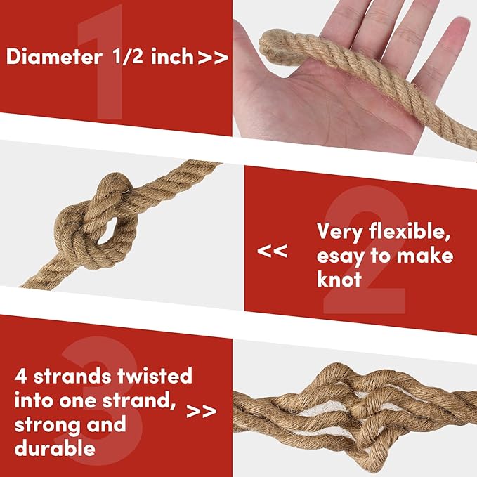Twisted Manila Rope 1/2 in x 100 feet Natural Hemp Rope for Docks Railing Nautical Landscaping Crafts Tug of War Marine Tie-Downs Hammock Home Decorating