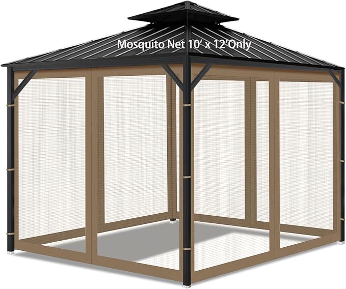 Gazebo Universal Replacement Mosquito Netting, 10' x 12' Outdoor Mesh Netting Screen 4-Panel Sidewall with Zipper for Patio Canopy Garden Porch Pergolas and Backyard, Khaki(Mosquito Net Only)