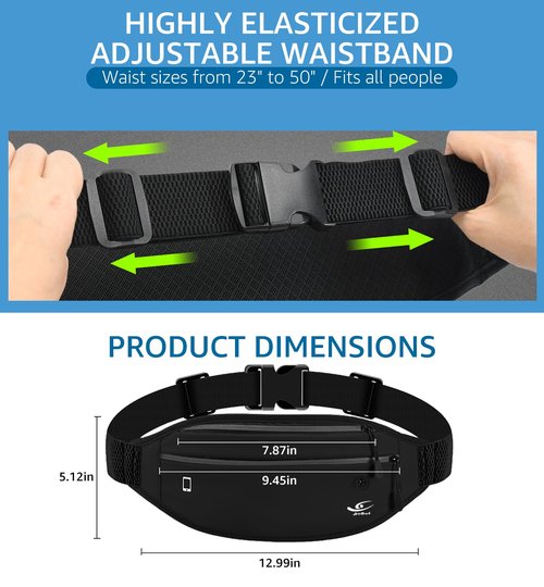 HiRui Slim Fanny Pack for Men Women, Adjustable Exercise Waist Pack Reflective Running Belt for Sports Workout Cycling Hiking, Casual Hands-Free Wallets Phone Bag Fits All Phones (Black)
