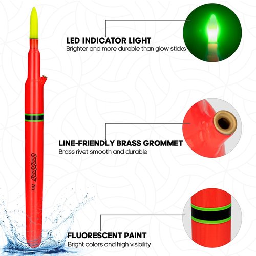 QualyQualy Lighted Fishing Floats, Weighted Floats Catfish Pole Floats LED Lighted Bright Bobber Wood Pole Fishing Float for Big Bait 7IN 10IN 12IN, 3PCS (B-Red Lighted Pole Float, 7''-3Pcs)
