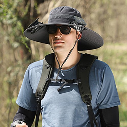 Men's Wide Brim Solar Fan Outdoor Fishing Hat in Grey - Includes 2 Solar Fans