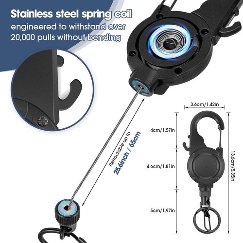 pasezenn Fly Fishing Zinger Retractor,26" Stainless Steel Wire Rope, with Integrated Line Cutter,360° Rotation Keychain & Carabiner Clip for Fly Fishing,Cycling,Hiking (2 PCS)