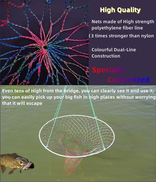32in x 37in Folded Bridge and Pier Fishing Net, More Coarse Soft Steel Hoop, Colourful Dual-Line Construction，Heavy-Duty Fishing Cast polyethylene Fiber line Mesh Net, Drop Net/Rope/Storage Bag