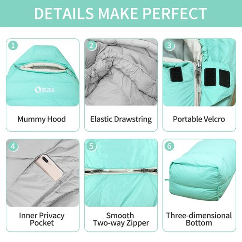 QEZER Down Sleeping Bag for Adults 32 Degree F Backpacking Sleeping Bag with 600 FP Down Ultralight Mummy Sleeping Bag with Pouch（LightGreen）