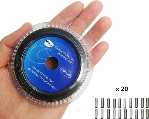 10LB-200LB Fishing line Wire Leader Vinyl Coated Stainless Steel Trace Lures Leader Wire 10 Meter,with 20pcs Crimps Sleeves,Black & Silver Select
