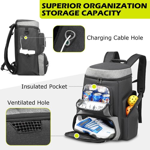 HAMBOLY Pickleball Bag for Men & Women, Large Pickleball Backpack with Shoes Compartment and Cooler, Fence Hook Design