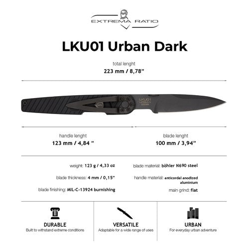 Extrema Ratio - LKU01 (Urban Dark), Böhler N690 Steel Blade 58 HRC, Black Burnished Finish, Smooth Aluminum Handle, Compact Design, Italian Craftsmanship