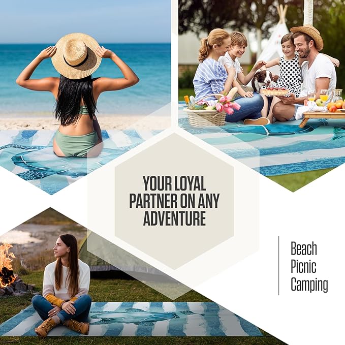VENTURE 4TH Family-Size Beach Blanket: Sandproof, Waterproof, Lightweight & Compact. Includes Stakes and Carry Bag. 9x10 feet XXL Striped Turtle