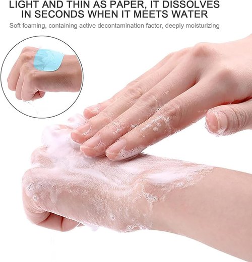 Sluswallow 100Pcs Green and Yellow Portable Soap Sheets, Mini Portable Travel Soap Paper Sheets Disposable Water Soluble Hand Washing Bath Scented Paper Camping Hiking and Shampoo for Outdoor