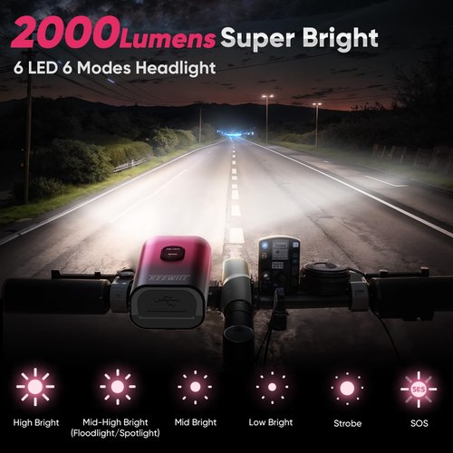 KEEWIIT KW61 6 LED 2000 Lumen Super Bright Bike Light,10000mAh Rechargeable Battery, IPX6 Waterproof, CNC Aluminum Alloy, USB Rechargeable, 6 Modes Bicycle Light for Night Riding (Red Gradient)