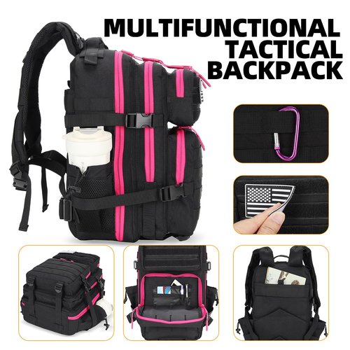 Lovelinks21 25L Tactical Military Backpack Small Travel Backpack for Men and Women Assault Pack Bug Out Bag Molle Daypack Gym Backpack with Bottle Holder (Black Neon Pink)