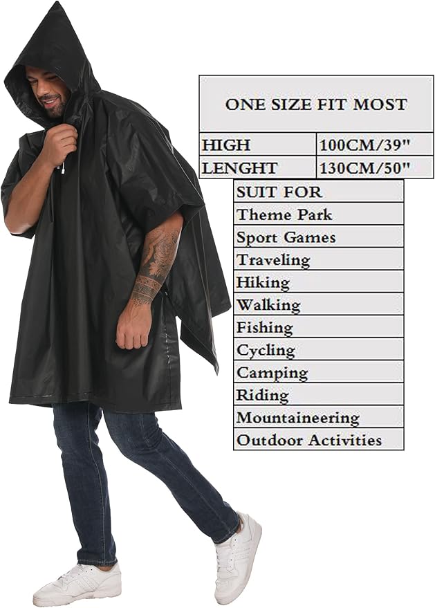 Reusable Rain Ponchos with Drawstring Hood for Adults, Waterproof Thicken Rain Coat, 2 Packs