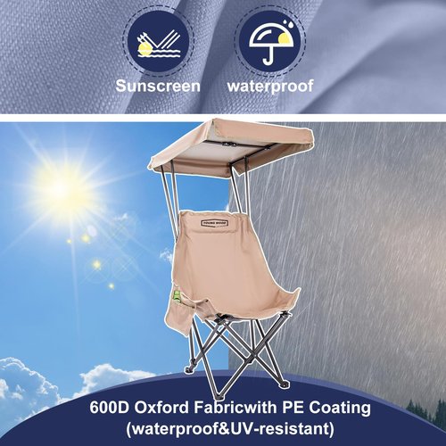 YOUNG WOOD Portable Camping Chair Beach Chair with Shade Canopy, Fold Lightweight Oversized Suit for All, Easy to Open,Close Without Installation, Side Pocket Design for All Outdoor Activities,Khaki