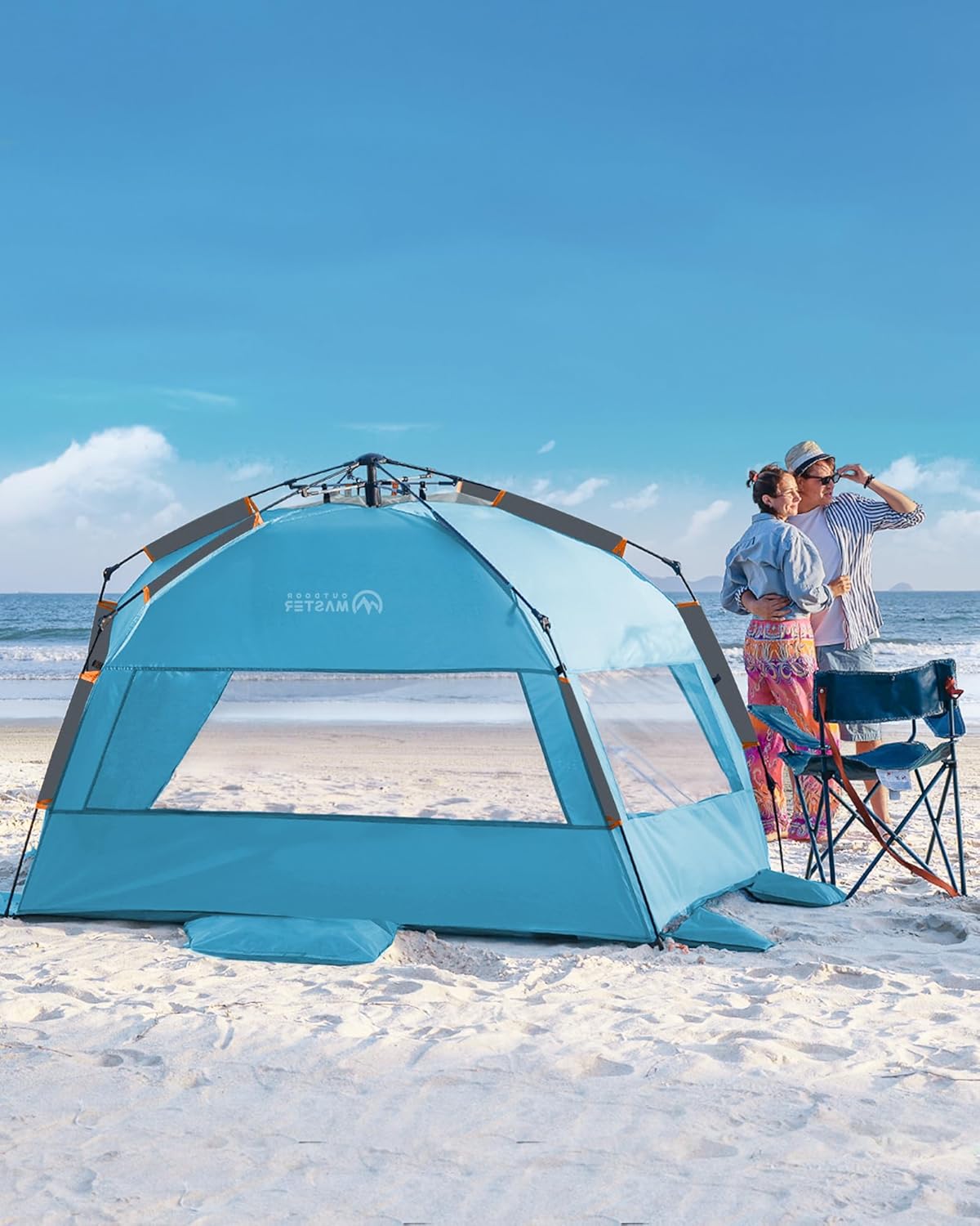 OutdoorMaster Beach Tent Sun Shelter for 3-4 Person, Pop Up Beach Tent Easy Setup with Sandbags, Portable Sun Shade Canopy with Carrying Bag for Beach & Outdoor, UPF50+ UV Protection, Family Size