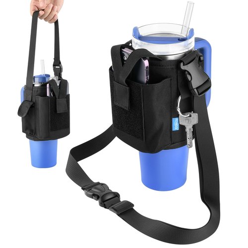 Xxerciz Water Bottle Carrier Pouch with Phone Pocket for Stanley 30 oz Tumbler with Handle, Nylon Water Bottle Holder Pouch with Adjustable Strap for Stanley Cup Accessories