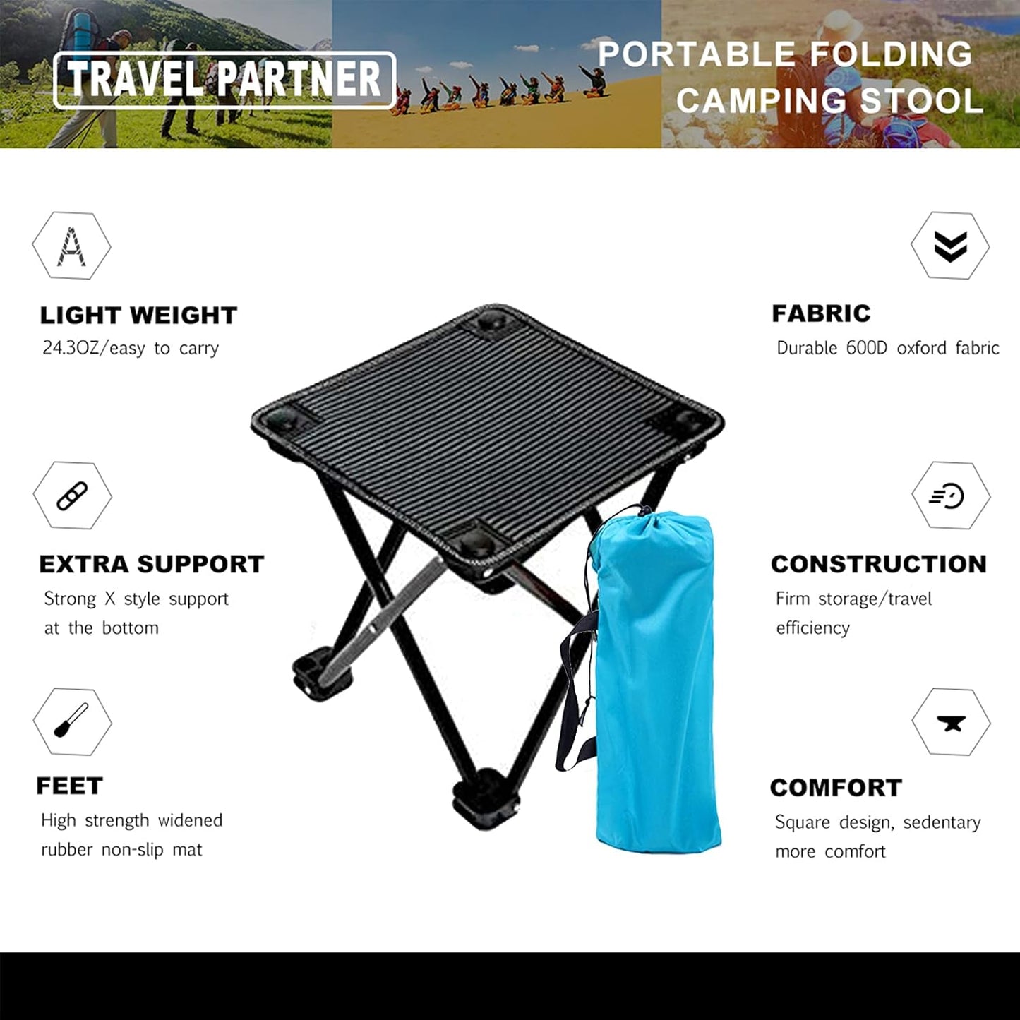 Mini Chair Folding Camping Stool Outdoor Portable Stools Lightweight with Carry Bag, Support 220 lbs, Black