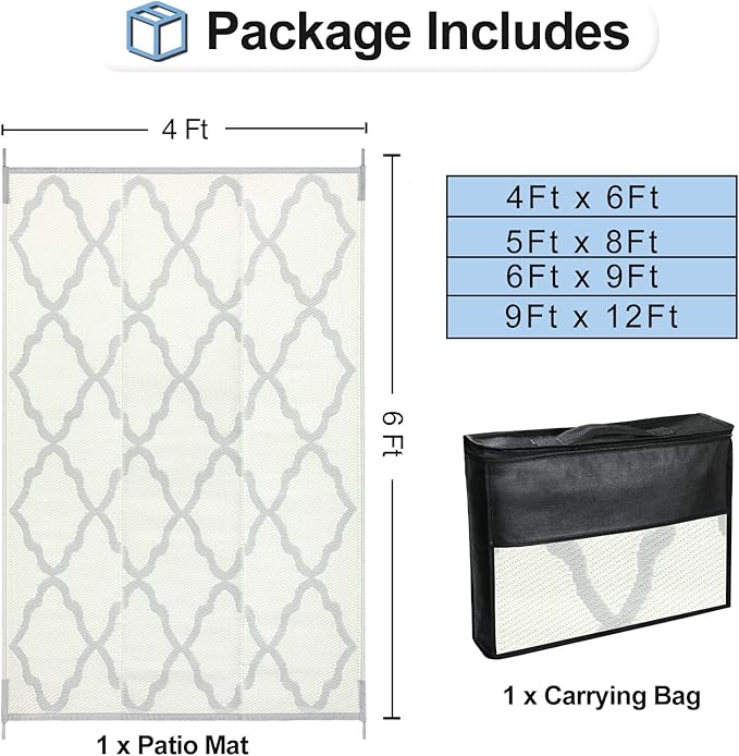 OutdoorLines Outdoor Plastic Area Rugs for Patio 4x6 ft - Reversible Outside Carpet, Stain & UV Resistant RV Mats, Straw Rug for Camping, Deck Garden, Porch and Balcony, Moroccan/Beige & Light Grey