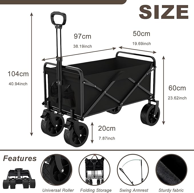 300L Collapsible Wagon with Wheels,500lbs Extra Long Fold Up Wagons Carts,Folding Wagon Cart with Adjustable Handle,with Side Pocket and Brakes for Grocery Shopping Camping Outdoor Sports Beach Garden