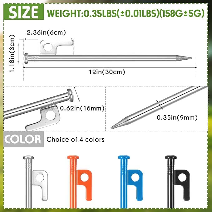 Blulu 24 Pcs 8/12/16 Inch Tent Stakes Heavy Duty Steel Metal Tent Pegs Unbreakable and Inflexible Metal Stakes Tent Spikes for Camping, Yard Decoration, Picnic, Tarp(Silver, 12 Inch)