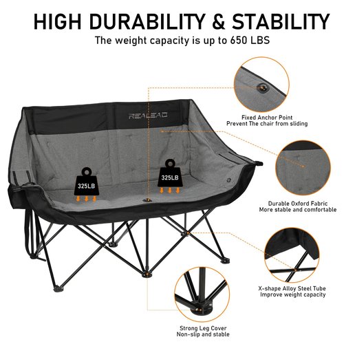 REALEAD Heated Double Camping Chair, 3 Heat Levels and 4 Heating Zones, Portable Heated Loveseat Chair for Outdoor Sports Support 650lbs, Heating Folding Chairs for Outside, Battery NOT Included