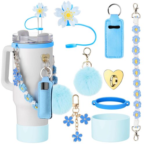 TJYAEKLTD Cup Accessories for Stanley Cup 30oz 40oz Tumbler with Handle, Including Water Bottle Handle Strap, Chapstick Holder, Boot, Keychain Charms, Straw Topper Cover Cap for Stanley (Blue)