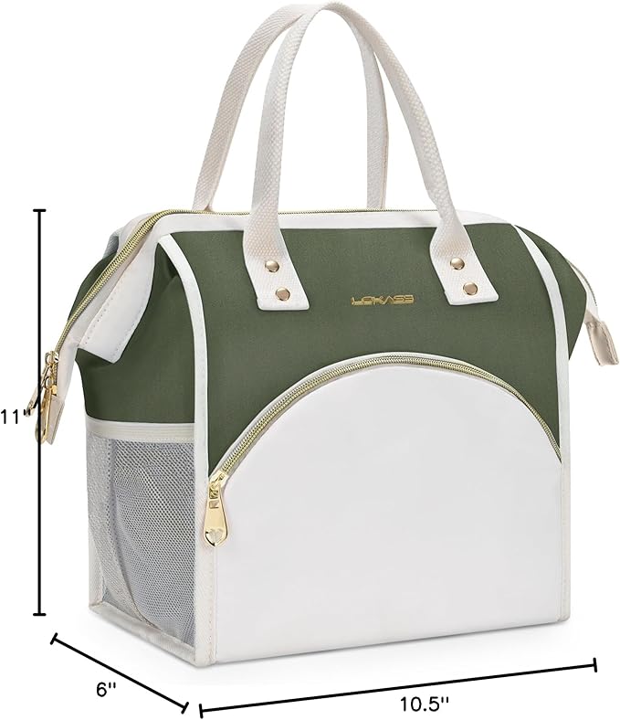 LOKASS Lunch Bag Women Insulated Lunch Box, Wide-Open Lunch Tote Bag Leak-proof Cooler Bag for Work Picnic-（Army Green）