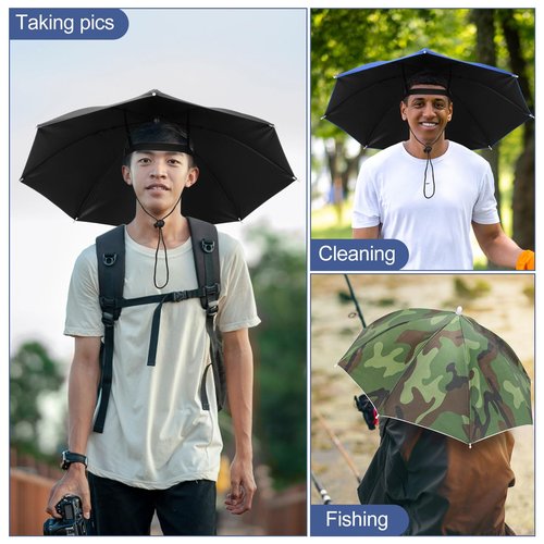 Bulyoou 3 Pcs Fishing Umbrella Hat 27'' Adjustable Hands Free Foldable Head Umbrella Cap UV Protection Waterproof for women men fishing summer(Black, Blue, Camouflage)