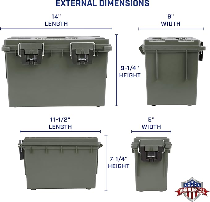 Sheffield 12713 2-Pack Combo Ammo Storage Boxes, .30 Cal and .50 Cal Field Boxes, Water and Dust Resistant, Lockable Storage Box with Handle for Hunting Gear and Bullets, Made in the USA, Green
