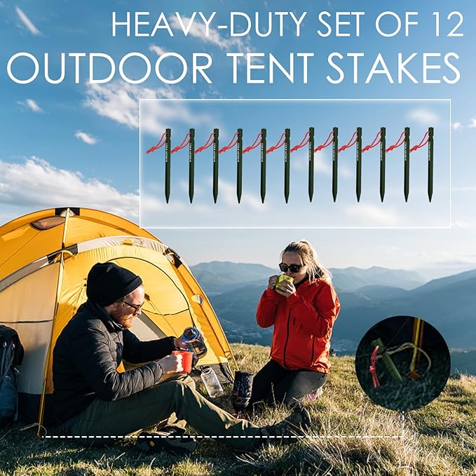 Gold Armour Tent Stakes - 12 Pack Heavy Duty, Lightweight, Camping Stakes Pegs for Outdoor Tent and Tarp, Essential Camping Gear Equipment Accessories (Green)