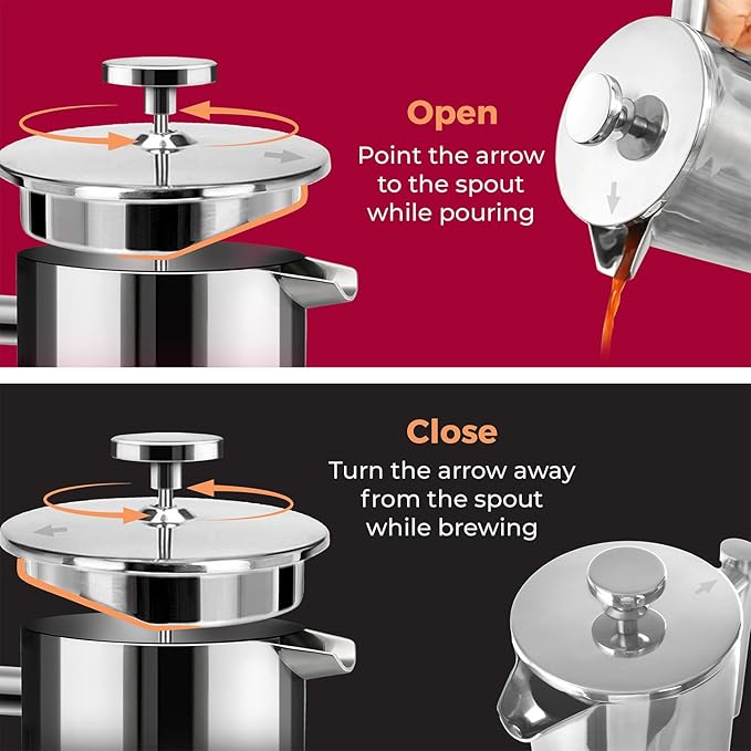 MuellerLiving French Press Coffee Maker 34oz, Stainless Steel French Press Coffee, 4 Filter Heat Resistant Double Insulated, Rust-Free, Food Grade, Dishwasher Safe Coffee Pot