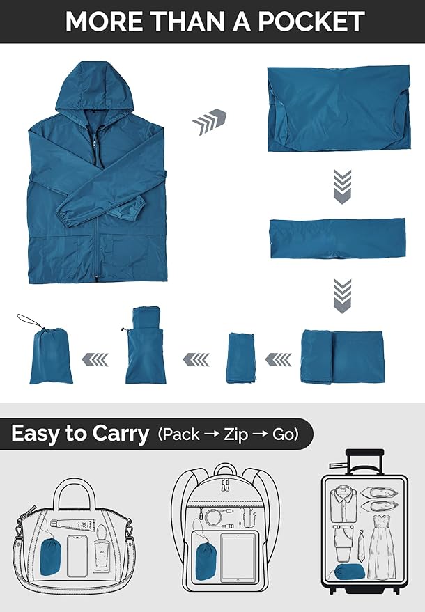 Zando Packable Rain Jacket for Men - Waterproof Hooded Raincoat, Windbreaker for Outdoor Travel Golf - Lightweight Blue L