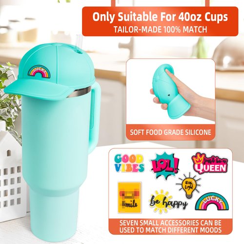 Tizuxa Baseball Cap Dustproof Lid for Stanley Cup Lid Cover, with 7pcs Cap Charms Decorative Dust Covers for Stanley 40 Oz Tumbler Silicone Stanley Cup Accessories Decoration Case - Aqua