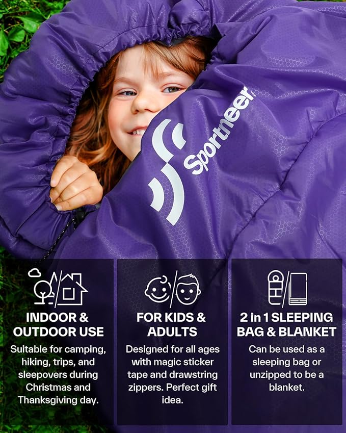 Sportneer Sleeping Bags for Adults, Warm & Cold Weather Sleeping Bag for Adults Kids Boys Girls - Lightweight Compact Camping Gear Equipment, Traveling, Backpacking, Hiking