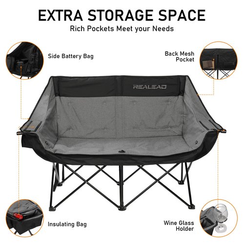 REALEAD Heated Double Camping Chair, 3 Heat Levels and 4 Heating Zones, Portable Heated Loveseat Chair for Outdoor Sports Support 650lbs, Heating Folding Chairs for Outside, Battery NOT Included