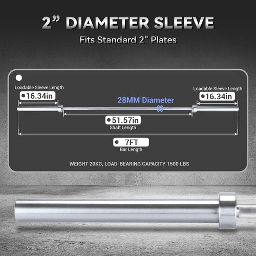 7FT Olympic Barbell, 1500lbs Capacity Weight Bar For Weightlifting and Powerlifting 45lb, Weight Bar Fit 2” Standard Weights