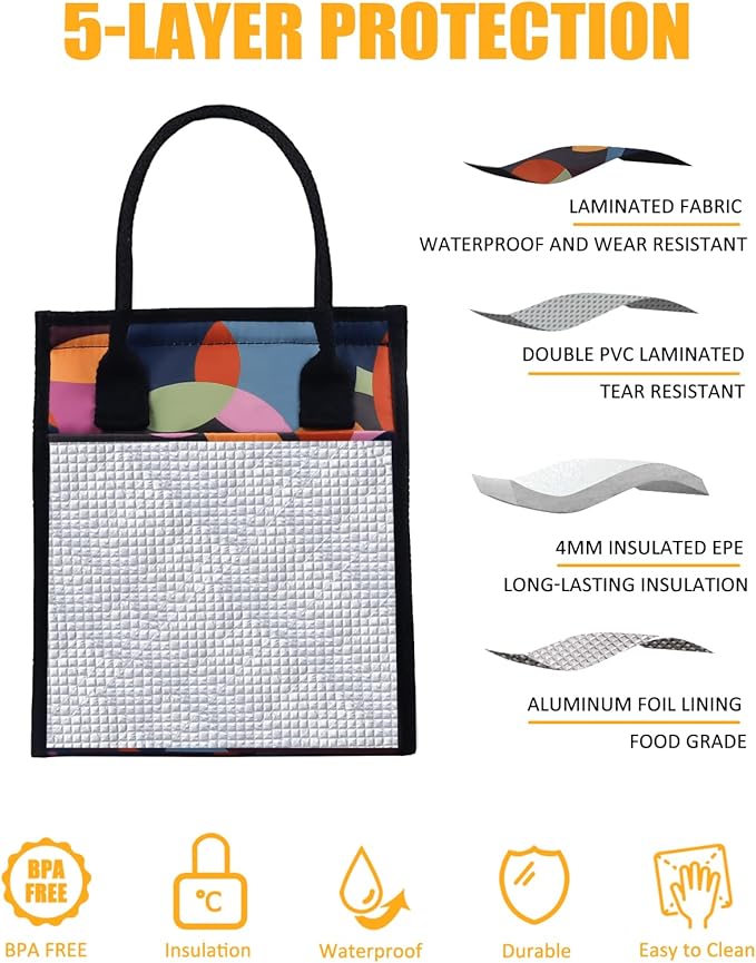 Fmeida Insulated Lunch Bag Women, Thermal Lunch Tote Bag, Reusable Lunch Box Bags for Women Lady | Front&Side&Inside Pockets Medium Colorful Circle